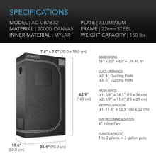 AC Infinity CLOUDLAB 632 GROW TENT, 36" X 20" X 62"