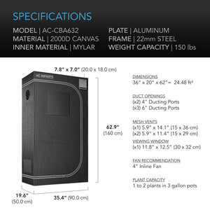 AC Infinity CLOUDLAB 632 GROW TENT, 36" X 20" X 62"