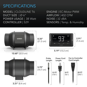 CLOUDLINE T6, QUIET INLINE DUCT FAN SYSTEM WITH TEMPERATURE AND HUMIDITY CONTROLLER, 6-INCH